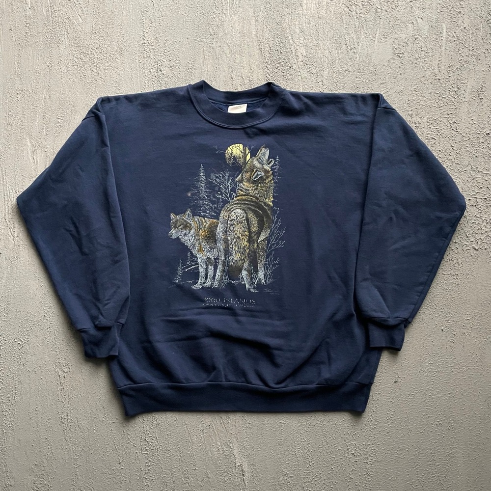 Vintage 1000 Islands Wolf Nature Sweatshirt Mens Large Navy 90s Jerico